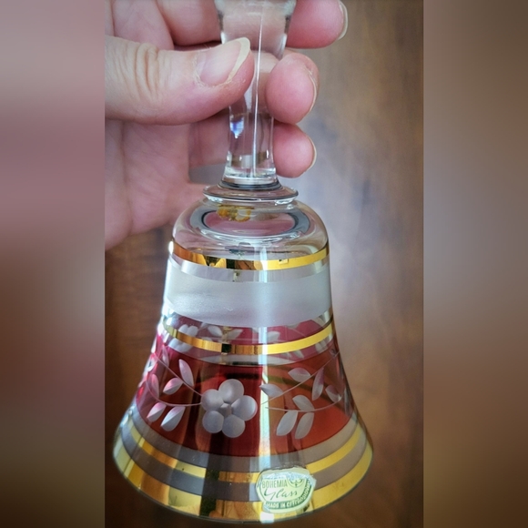 Vintage Bohemia Czech 6” Cut To Clear Crystal Ruby Red Bell Gold Trim MINT - Picture 5 of 5